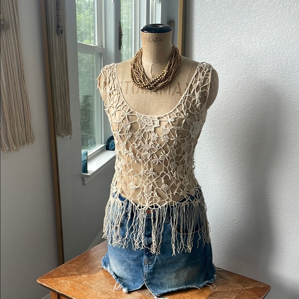 Poetry Tan and Cream Asymmetrical Cropped Tank Top